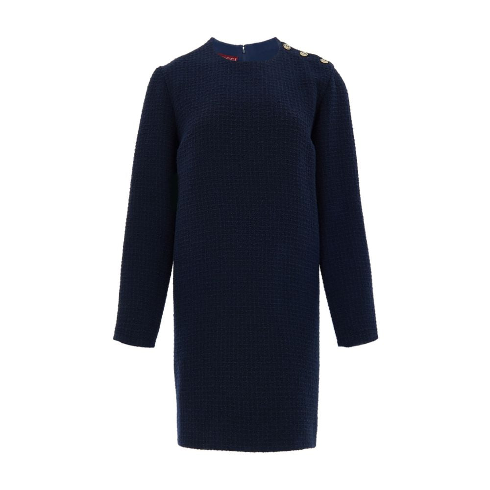 Gucci Navy Blue Wool Boucle Dress with Logo Buttons