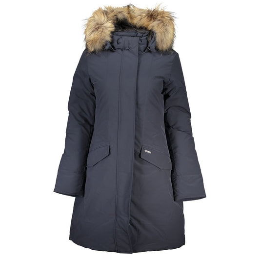 Woolrich Blue Cotton Long Jacket with Removable Fur Hood
