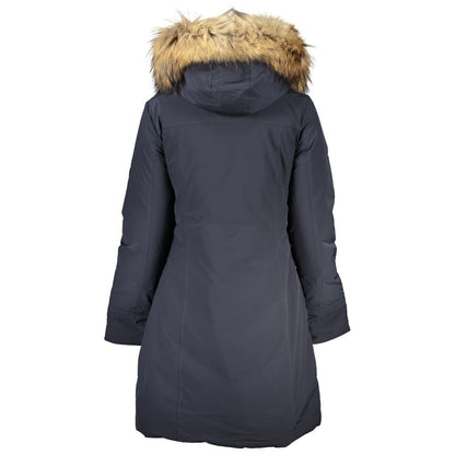 Woolrich Blue Cotton Long Jacket with Removable Fur Hood