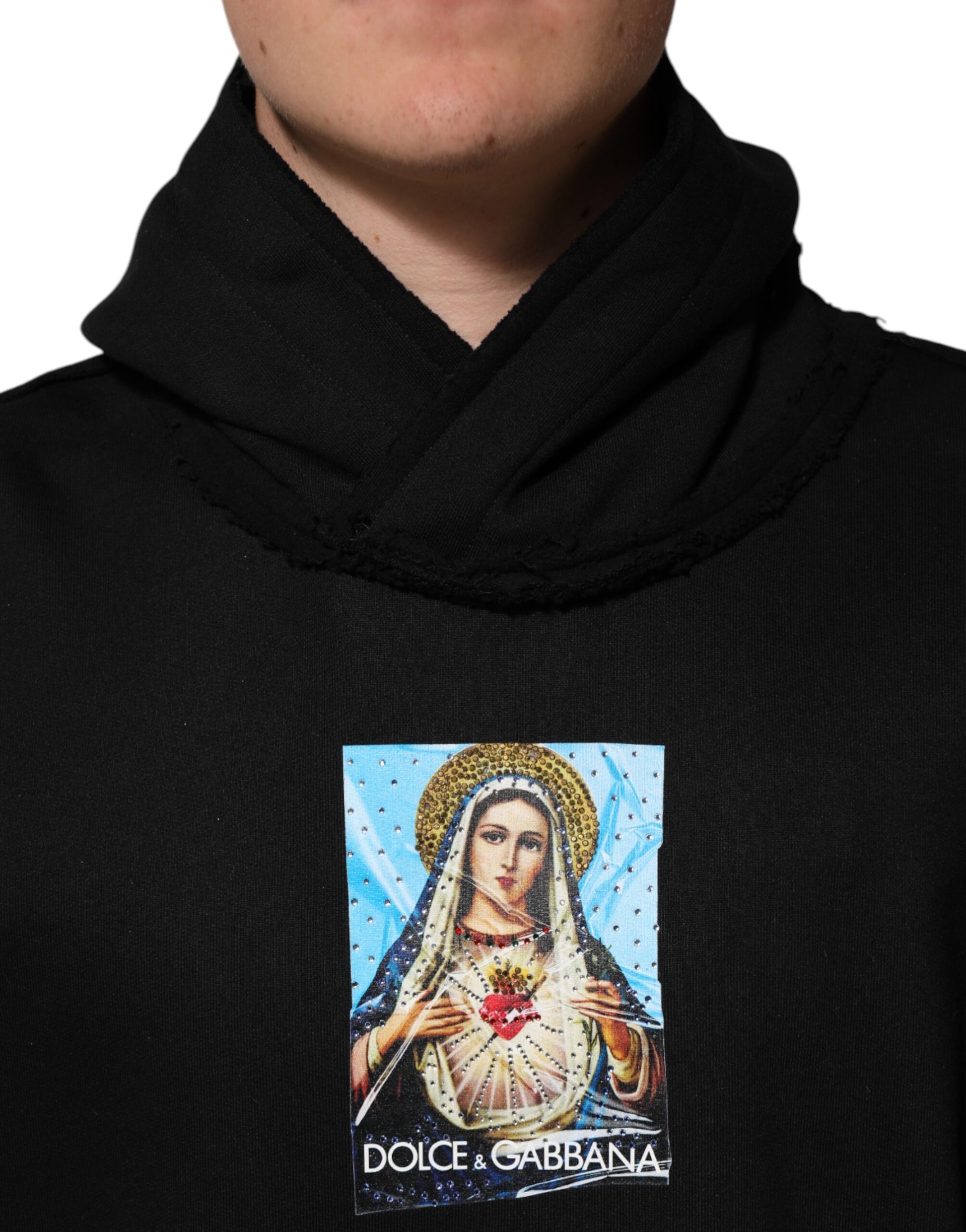 Dolce & Gabbana Black Printed Hoodie with Crystal Embellishments