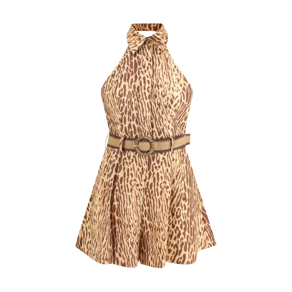 Zimmermann Leopard Print Linen Halter Playsuit with Belt