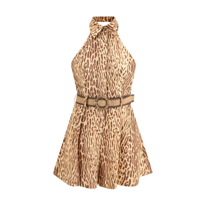 Zimmermann Leopard Print Linen Halter Playsuit with Belt
