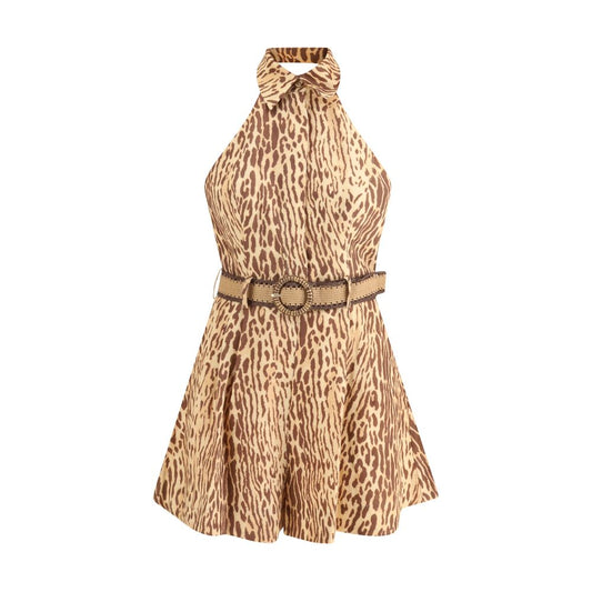 Zimmermann Leopard Print Linen Halter Playsuit with Belt