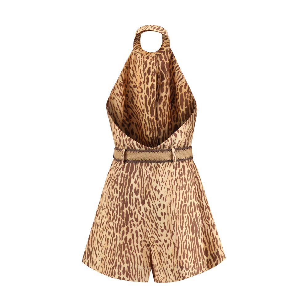 Zimmermann Leopard Print Linen Halter Playsuit with Belt