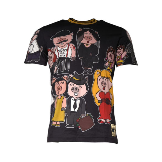 Dolce & Gabbana Black Cotton T-Shirt - D&G Pig Family Crew Neck