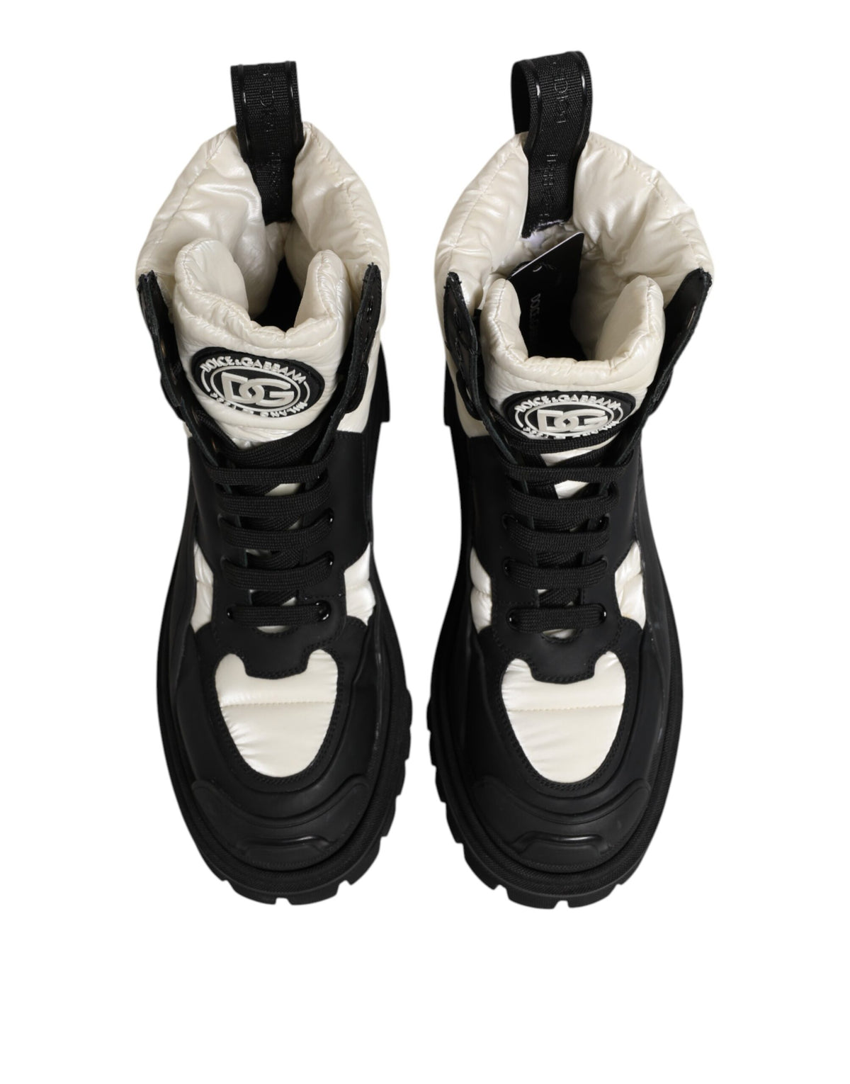 Dolce & Gabbana Black White Padded Mid Calf Lace Up Boots Shoes