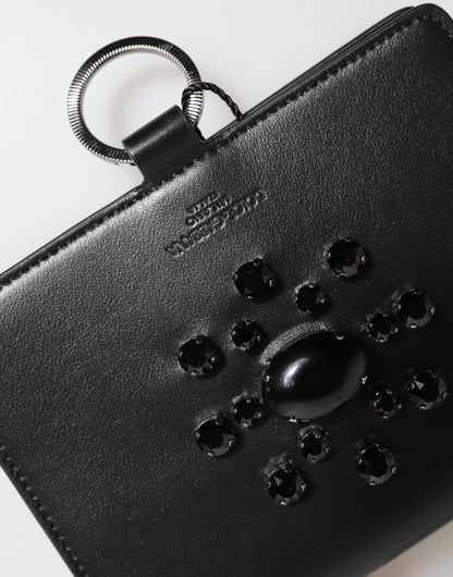 Dolce & Gabbana Black Leather Crystal Embellished Card Holder Wallet