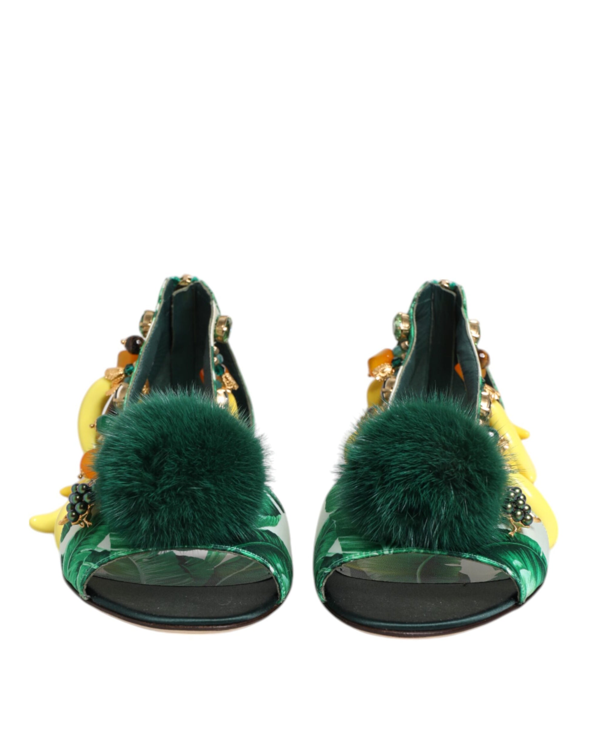 Dolce & Gabbana Green Mink Fur Satin Banana Leaf Sandals