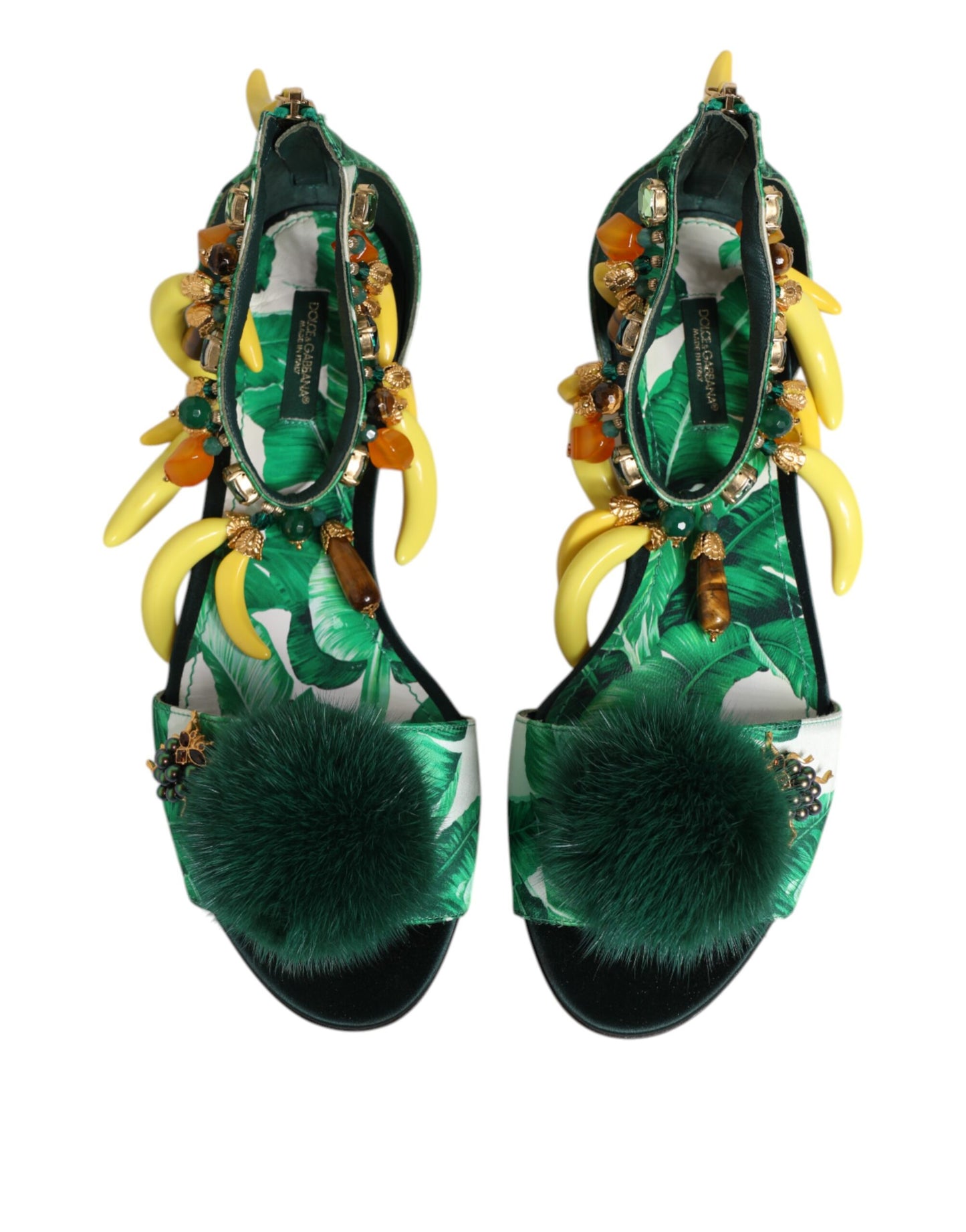 Dolce & Gabbana Green Mink Fur Satin Banana Leaf Sandals
