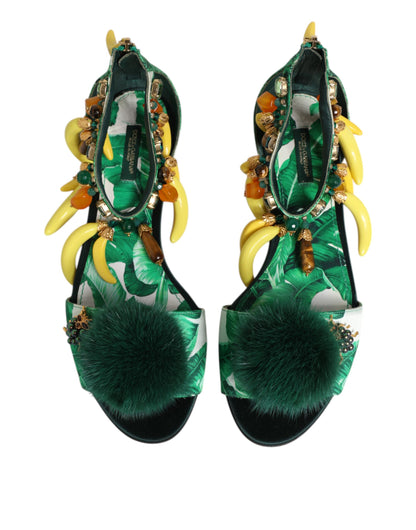 Dolce & Gabbana Green Mink Fur Satin Banana Leaf Sandals