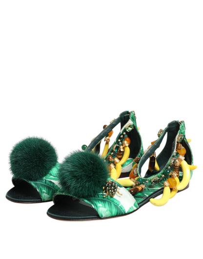 Dolce & Gabbana Green Mink Fur Satin Banana Leaf Sandals