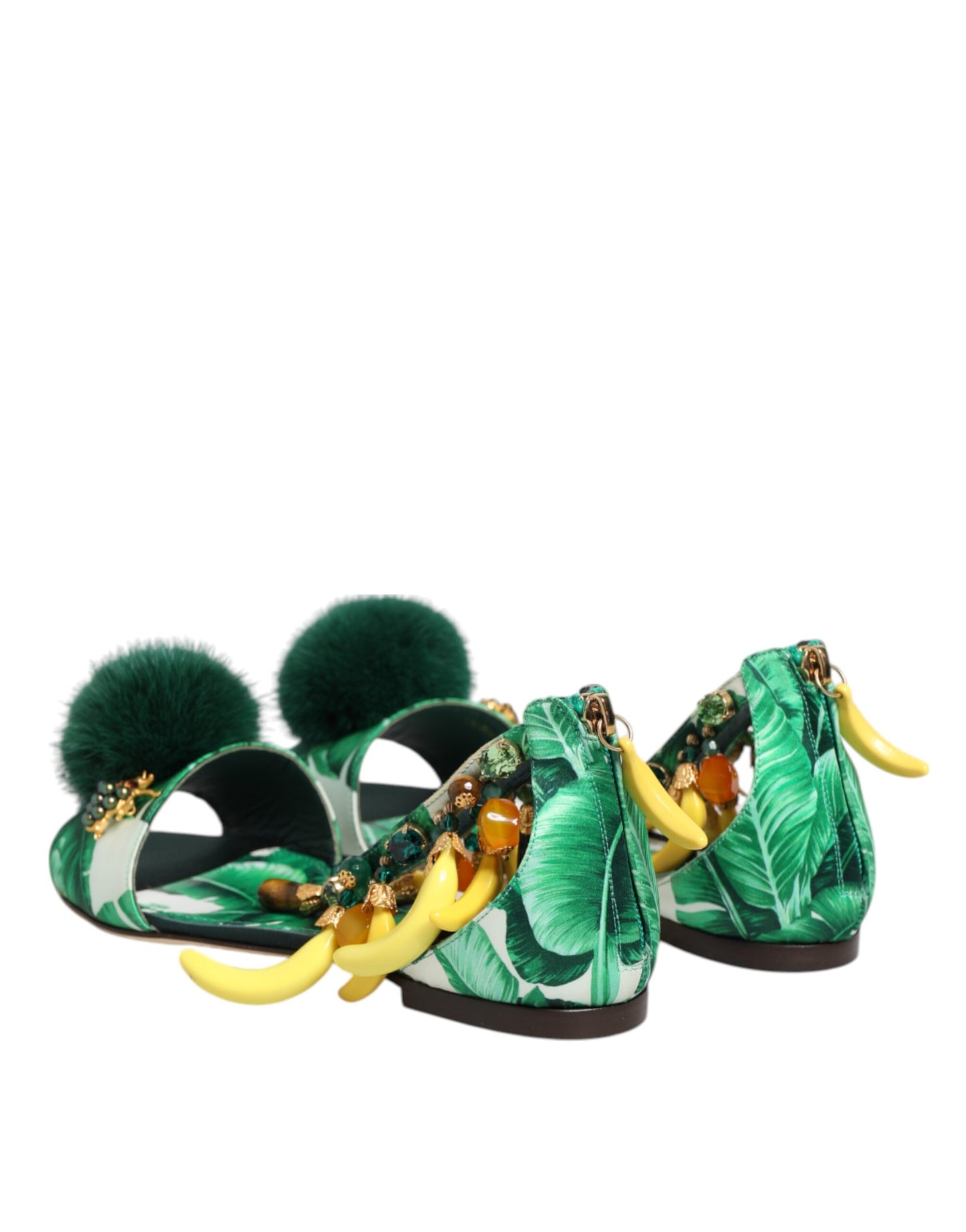 Dolce & Gabbana Green Mink Fur Satin Banana Leaf Sandals