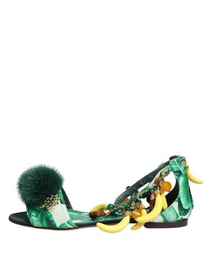 Dolce & Gabbana Green Mink Fur Satin Banana Leaf Sandals