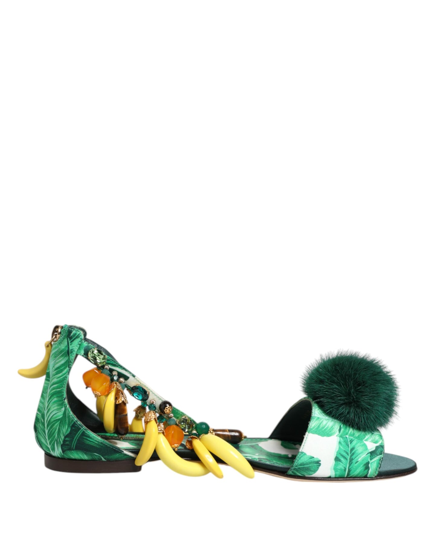Dolce & Gabbana Green Mink Fur Satin Banana Leaf Sandals
