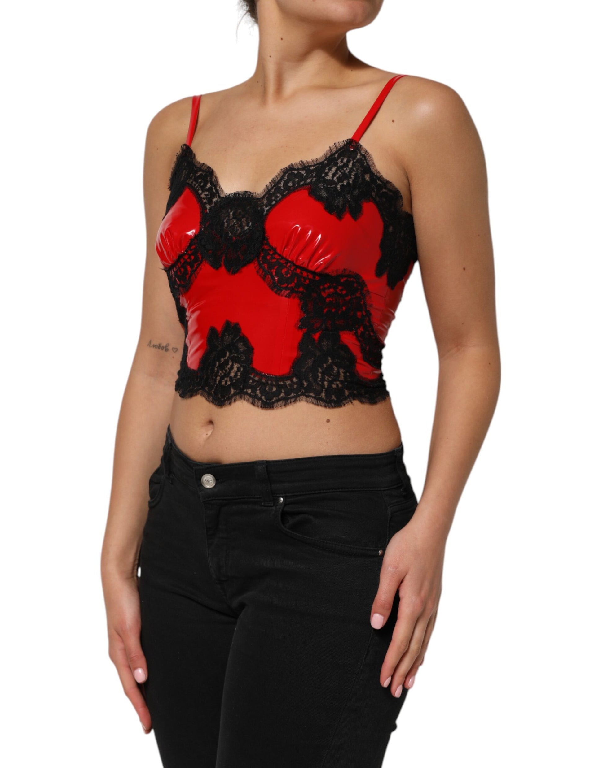 Dolce & Gabbana Red Black Lace Trim Sleeveless Tank Top