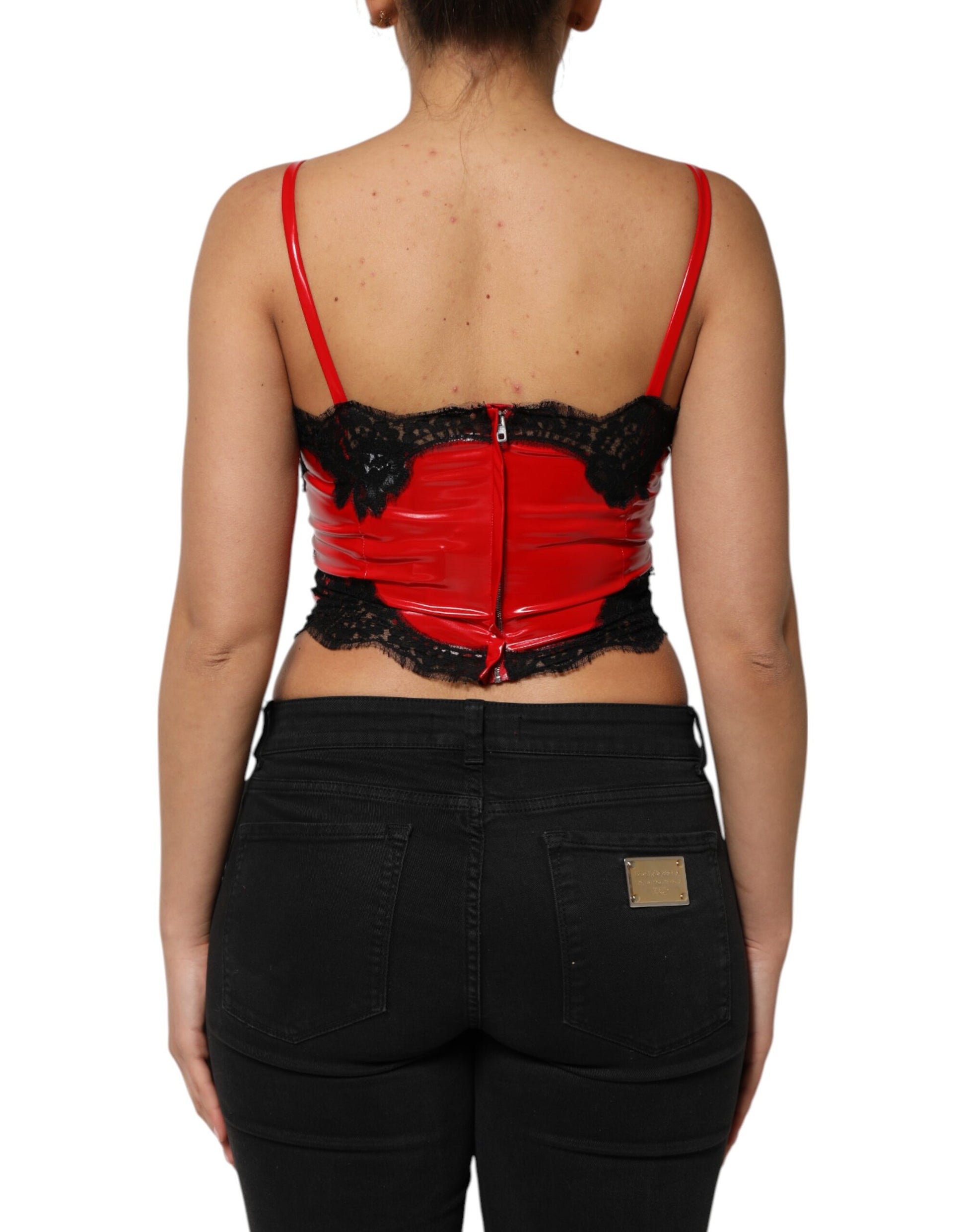 Dolce & Gabbana Red Black Lace Trim Sleeveless Tank Top