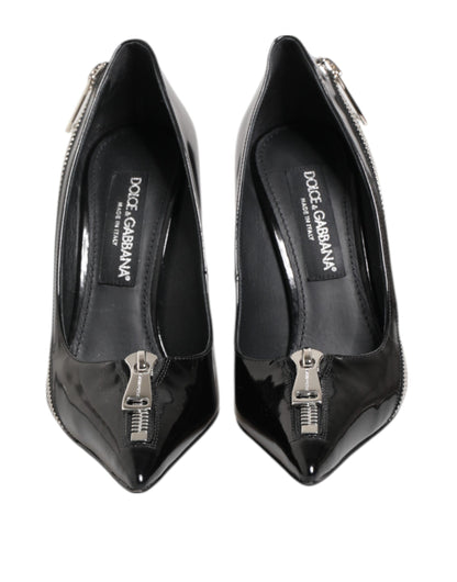 Dolce & Gabbana Black Patent Leather Zipper Heels Pumps