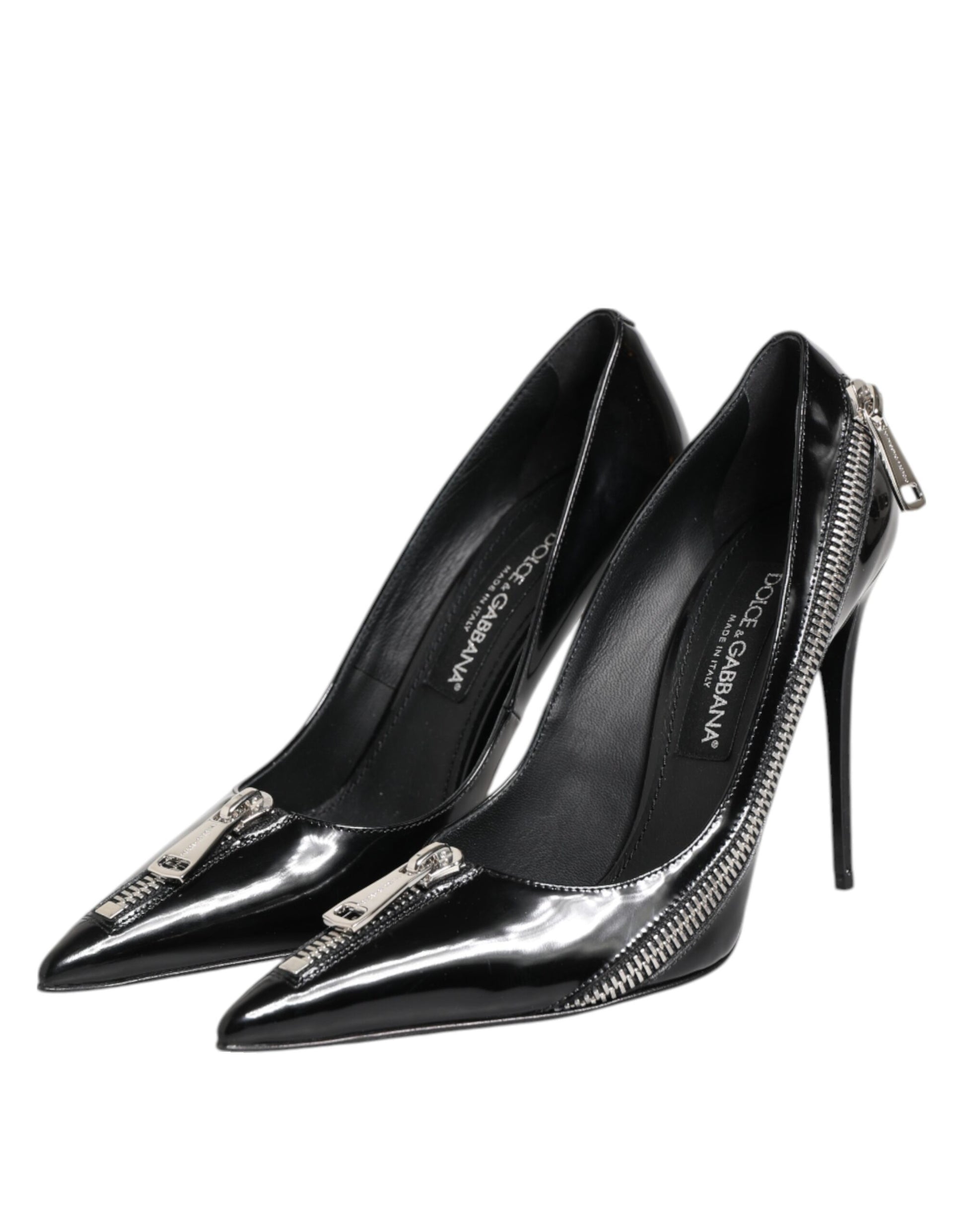 Dolce & Gabbana Black Patent Leather Zipper Heels Pumps