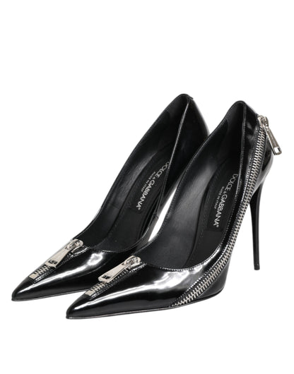 Dolce & Gabbana Black Patent Leather Zipper Heels Pumps