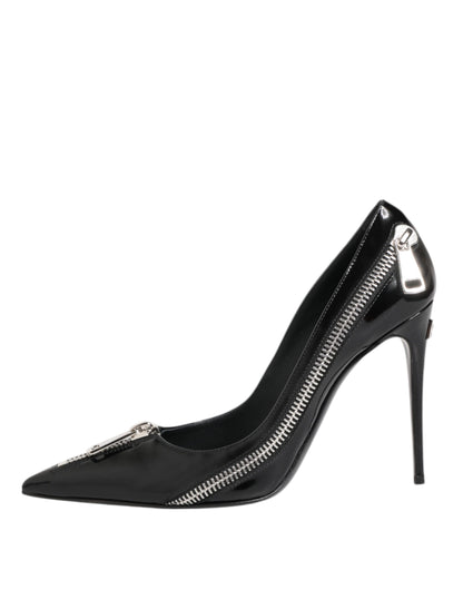 Dolce & Gabbana Black Patent Leather Zipper Heels Pumps
