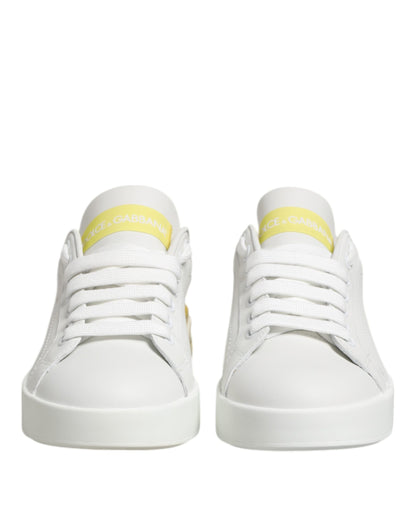 Dolce & Gabbana White Yellow Leather Low Top Sneakers
