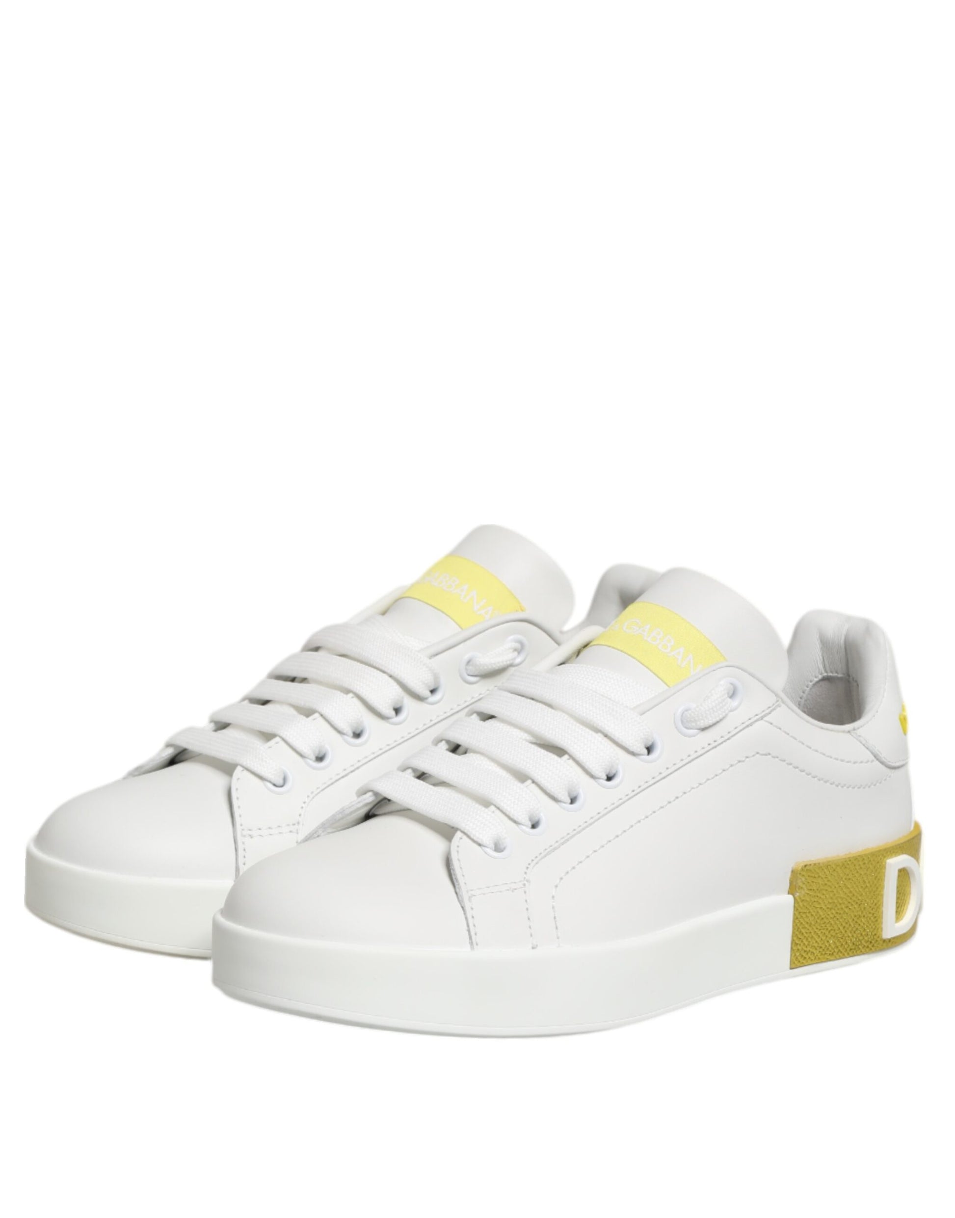 Dolce & Gabbana White Yellow Leather Low Top Sneakers