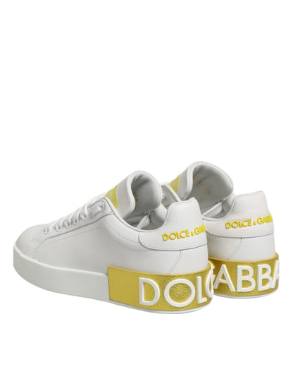 Dolce & Gabbana White Yellow Leather Low Top Sneakers