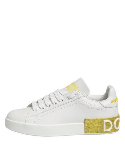 Dolce & Gabbana White Yellow Leather Low Top Sneakers