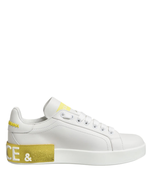 Dolce & Gabbana White Yellow Leather Low Top Sneakers