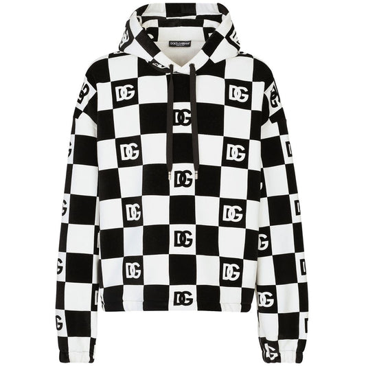 Dolce & Gabbana Black Cotton Sweater with Checkerboard Print