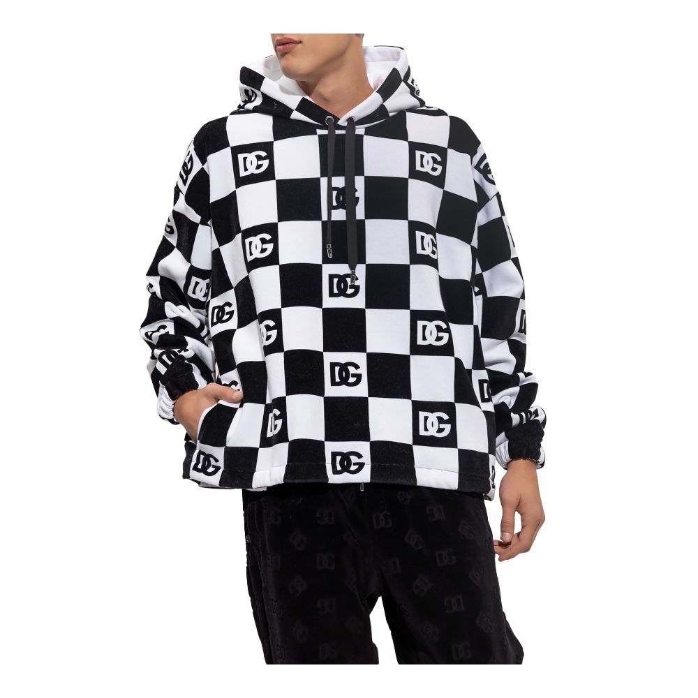 Dolce & Gabbana Black Cotton Sweater with Checkerboard Print