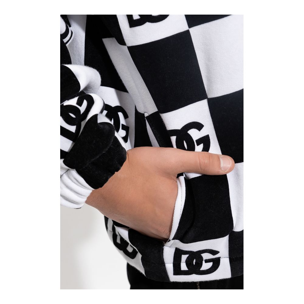 Dolce & Gabbana Black Cotton Sweater with Checkerboard Print