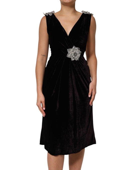 Dolce & Gabbana Black Velvet Flower Embellishment Aline Dress