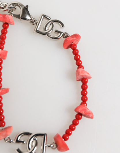 Dolce & Gabbana Silver Tone Brass Beaded Resin DG Logo Chain Men Bracelet
