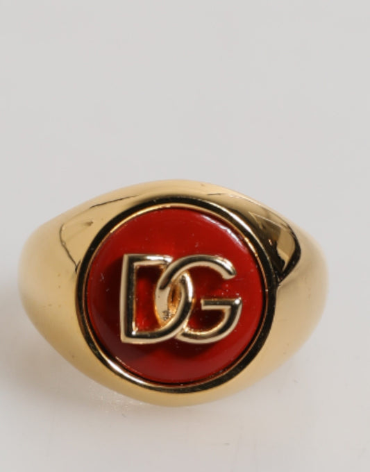 Dolce & Gabbana Gold Tone Real Brass Red DG Logo Men's Ring