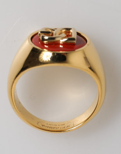 Dolce & Gabbana Gold Tone Real Brass Red DG Logo Men's Ring