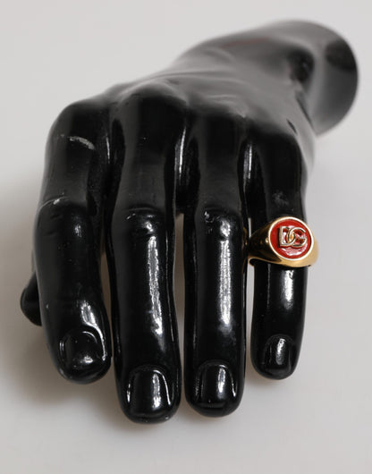 Dolce & Gabbana Gold Tone Real Brass Red DG Logo Men's Ring