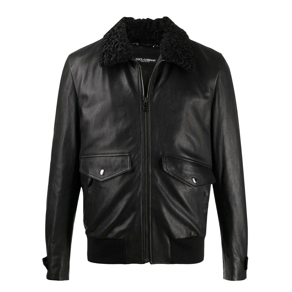 Dolce & Gabbana Black Lambskin Biker Jacket with Fur Collar