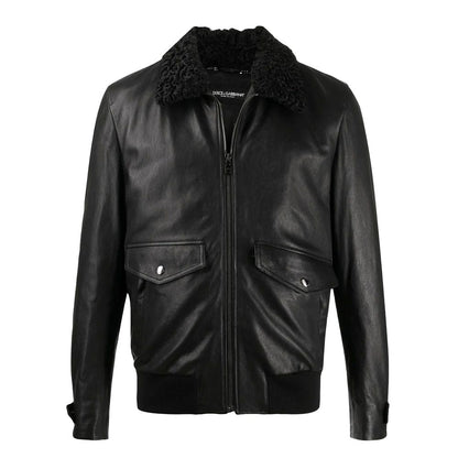 Dolce & Gabbana Black Lambskin Biker Jacket with Fur Collar