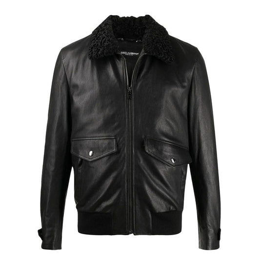 Dolce & Gabbana Black Lambskin Biker Jacket with Fur Collar