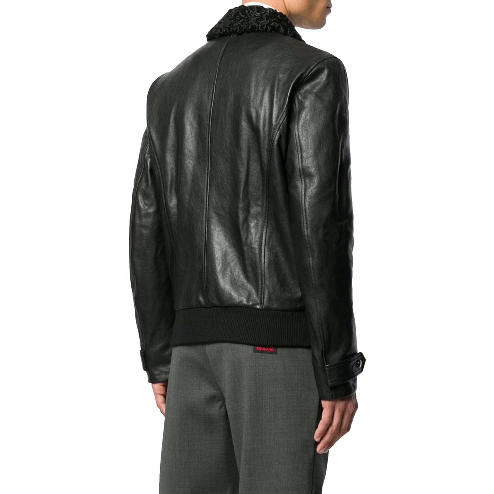 Dolce & Gabbana Black Lambskin Biker Jacket with Fur Collar