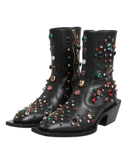 Dolce & Gabbana Black Crystal Cowboy Leather Men's Boots