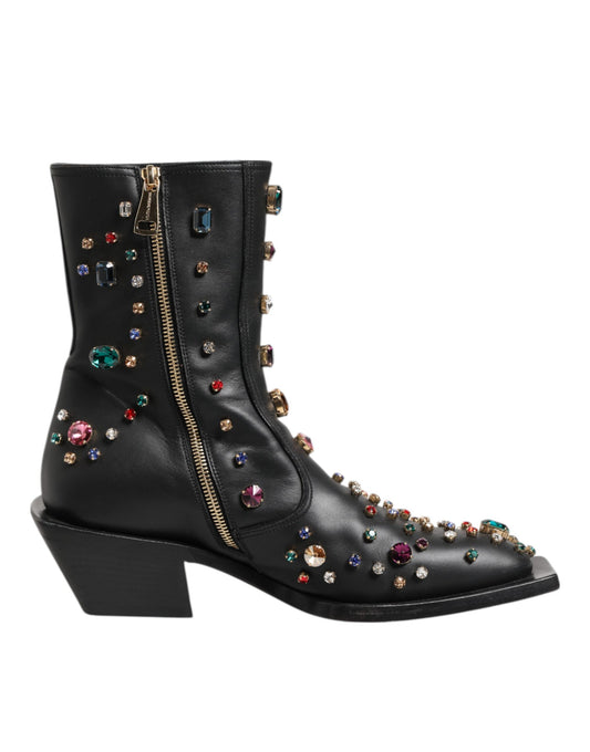 Dolce & Gabbana Black Crystal Cowboy Leather Men's Boots