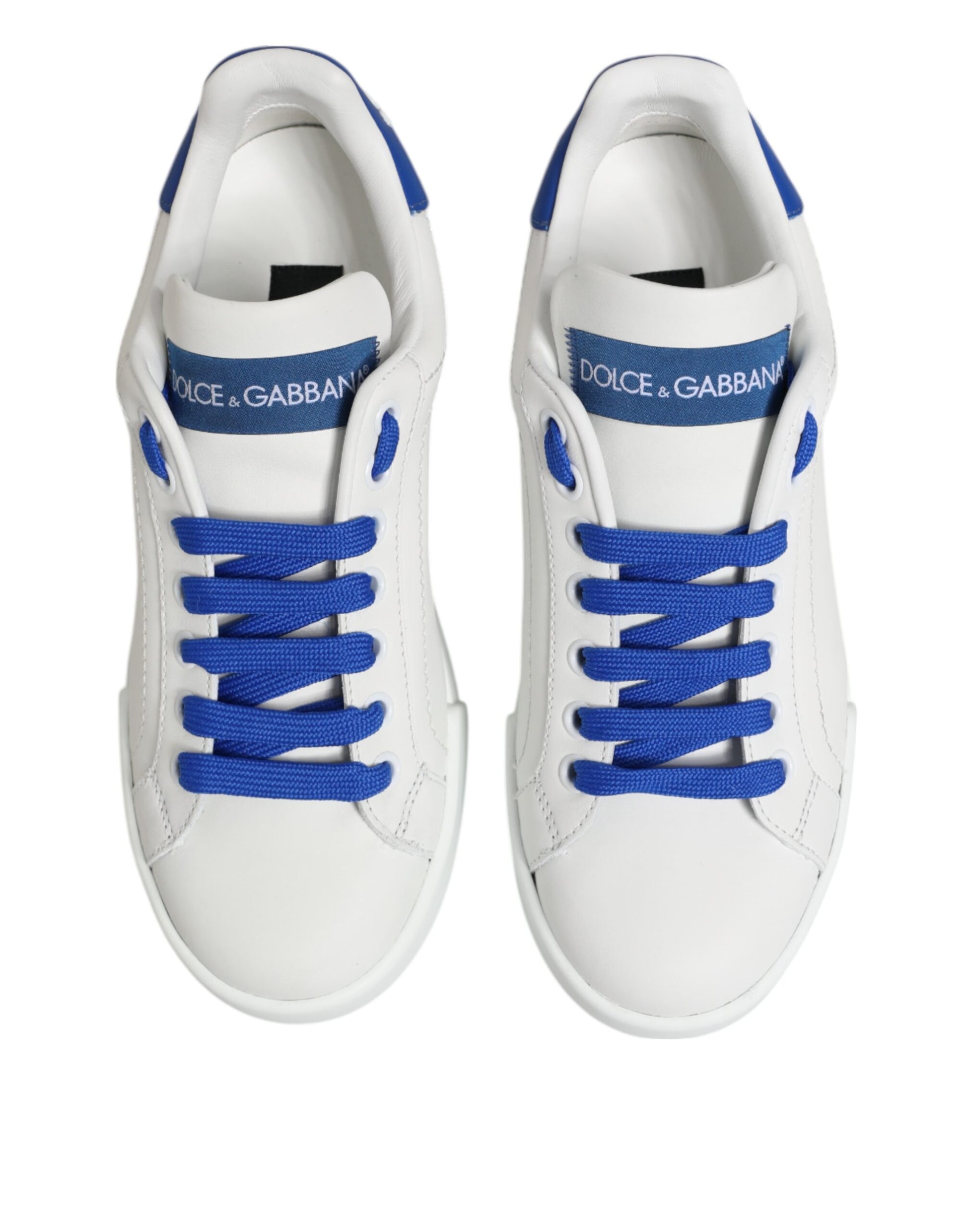 Dolce & Gabbana White Blue Leather Low Top Sneakers