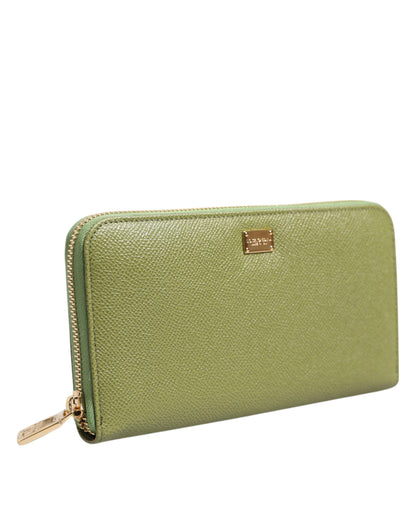 Dolce & Gabbana Green Leather Logo Plaque Zip Around Continental Wallet
