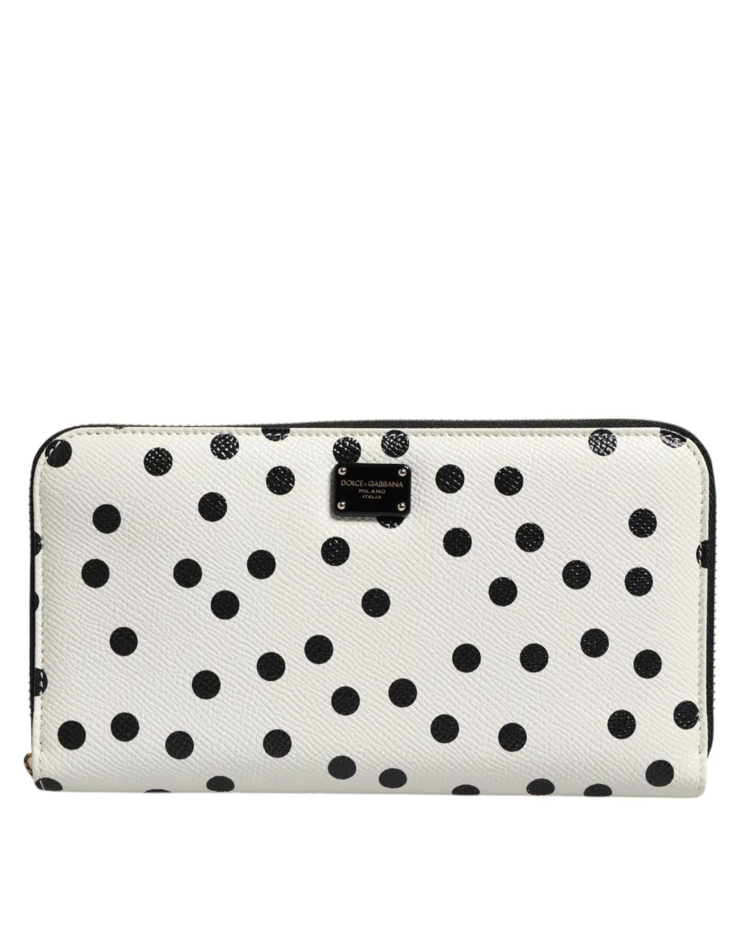 Dolce & Gabbana White & Black Polka Dot Leather Zip Around Continental Wallet