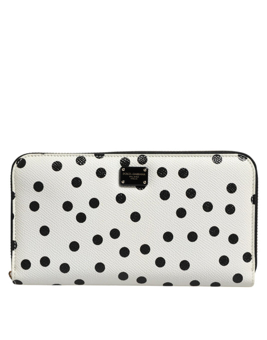 Dolce & Gabbana White & Black Polka Dot Leather Zip Around Continental Wallet