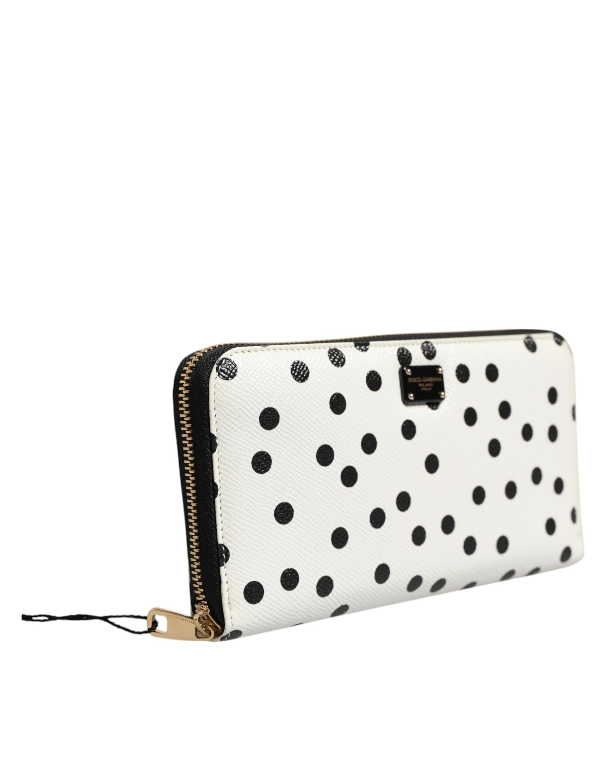 Dolce & Gabbana White & Black Polka Dot Leather Zip Around Continental Wallet