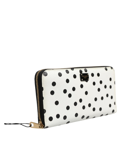 Dolce & Gabbana White & Black Polka Dot Leather Zip Around Continental Wallet
