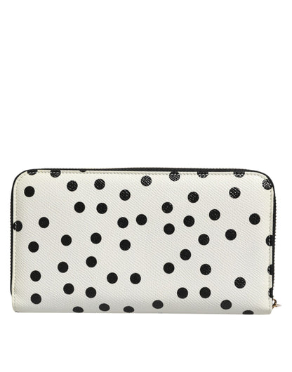 Dolce & Gabbana White & Black Polka Dot Leather Zip Around Continental Wallet
